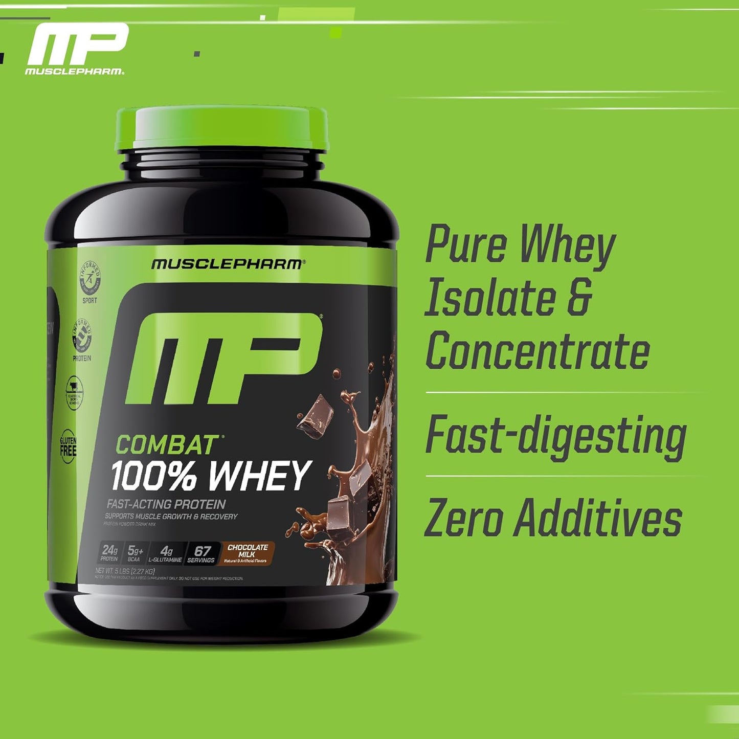 Musclepharm Combat 100% Whey Protein Powder, Chocolate Milk, Fast Recovery & Muscle Gain with Whey Protein Isolate, High Protein Powder for Women & Men, Gluten Free, 5 Lb, 70 Servings