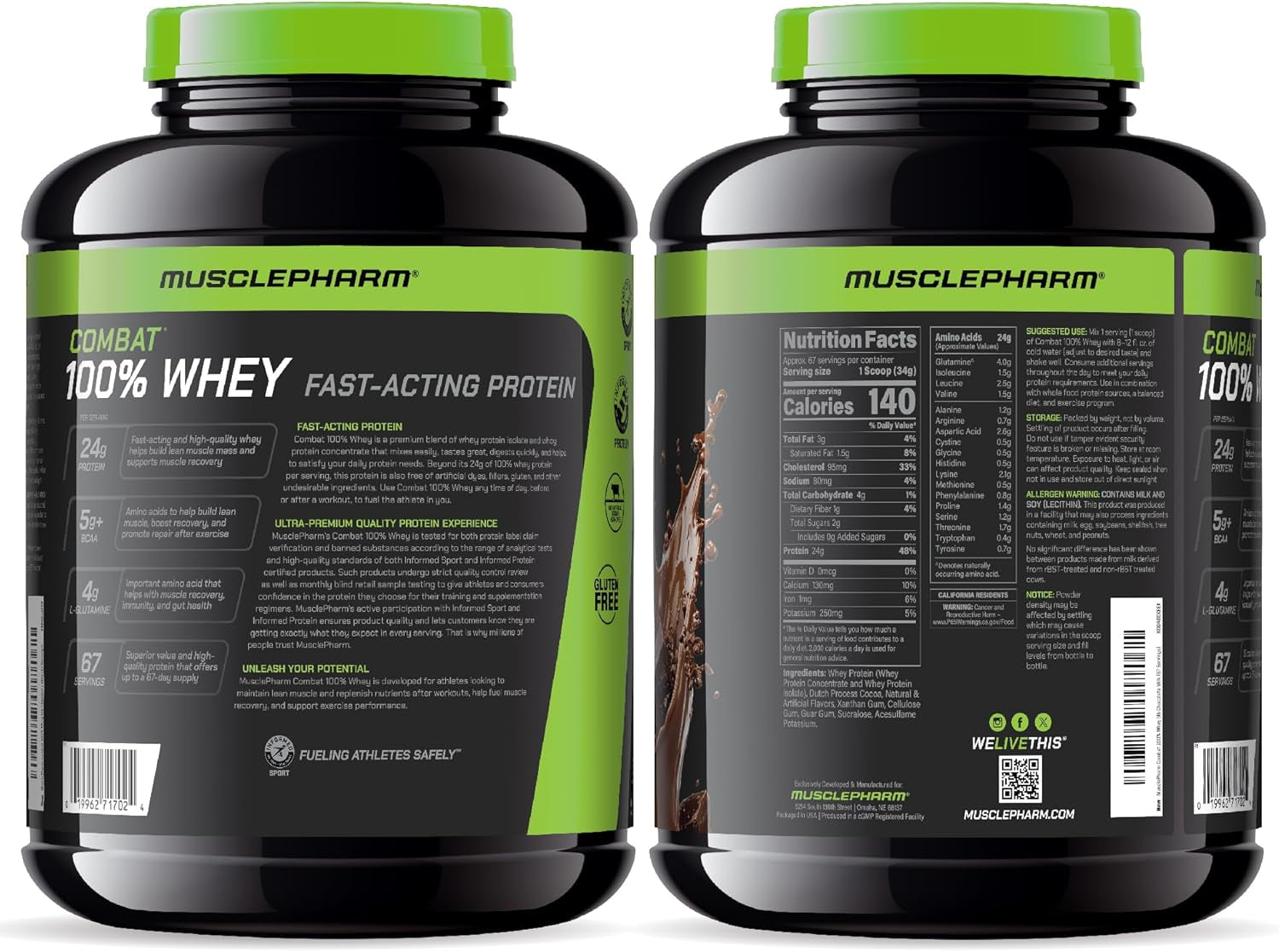Musclepharm Combat 100% Whey Protein Powder, Chocolate Milk, Fast Recovery & Muscle Gain with Whey Protein Isolate, High Protein Powder for Women & Men, Gluten Free, 5 Lb, 70 Servings