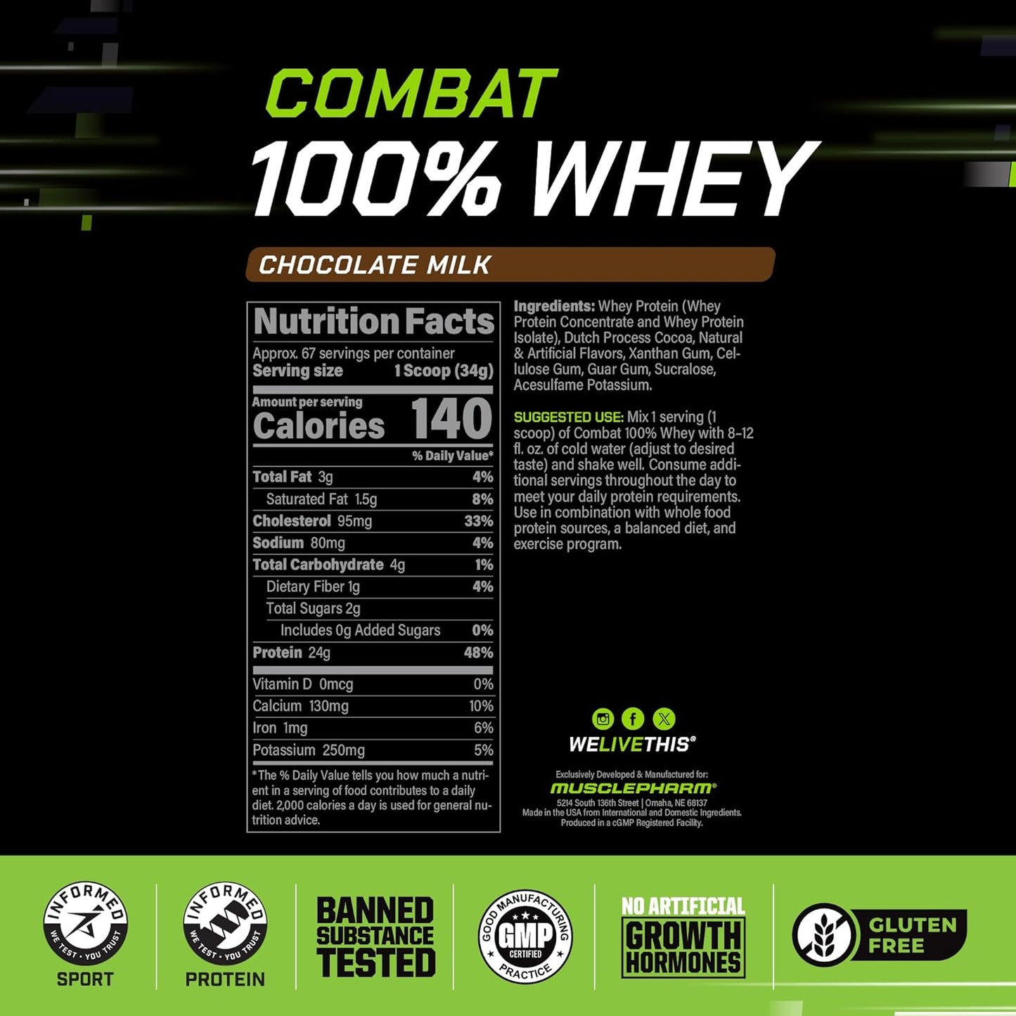 Musclepharm Combat 100% Whey Protein Powder, Chocolate Milk, Fast Recovery & Muscle Gain with Whey Protein Isolate, High Protein Powder for Women & Men, Gluten Free, 5 Lb, 70 Servings
