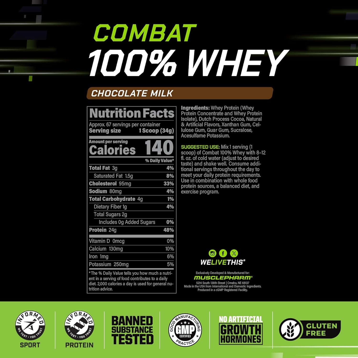 Musclepharm Combat 100% Whey Protein Powder, Chocolate Milk, Fast Recovery & Muscle Gain with Whey Protein Isolate, High Protein Powder for Women & Men, Gluten Free, 5 Lb, 70 Servings